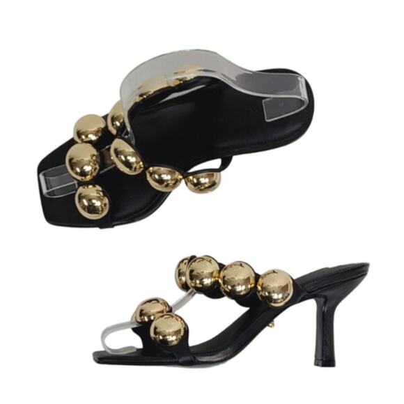 Rebecca Minkoff Annita Gold Studded Black Leather Slip-On Heels sz 8 - Picture 4 of 7